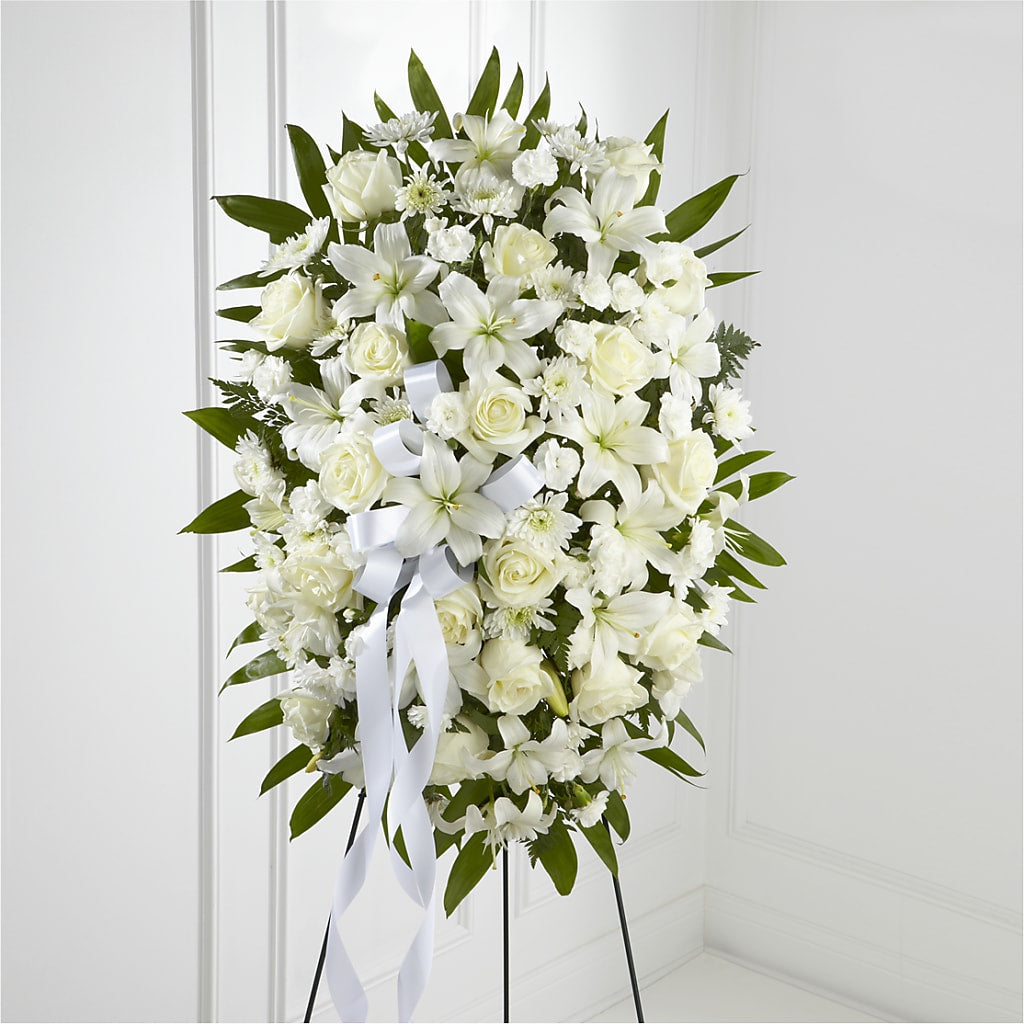 Exquisite Tribute Standing Spray-White Ribbon – MARTHA'S FLOWER & GIFT SHOP, Bushnell FL