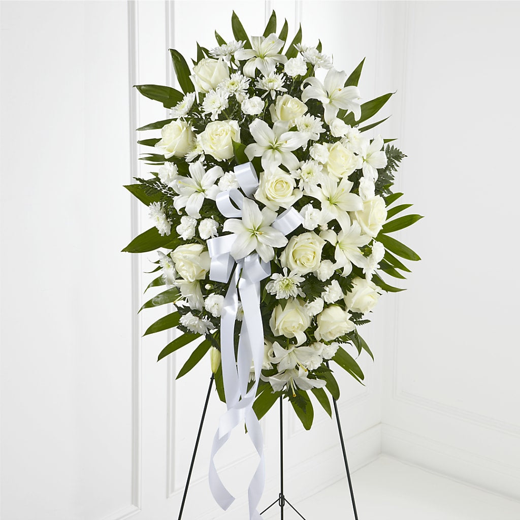 Exquisite Tribute Standing Spray-White Ribbon – MARTHA'S FLOWER & GIFT SHOP, Bushnell FL